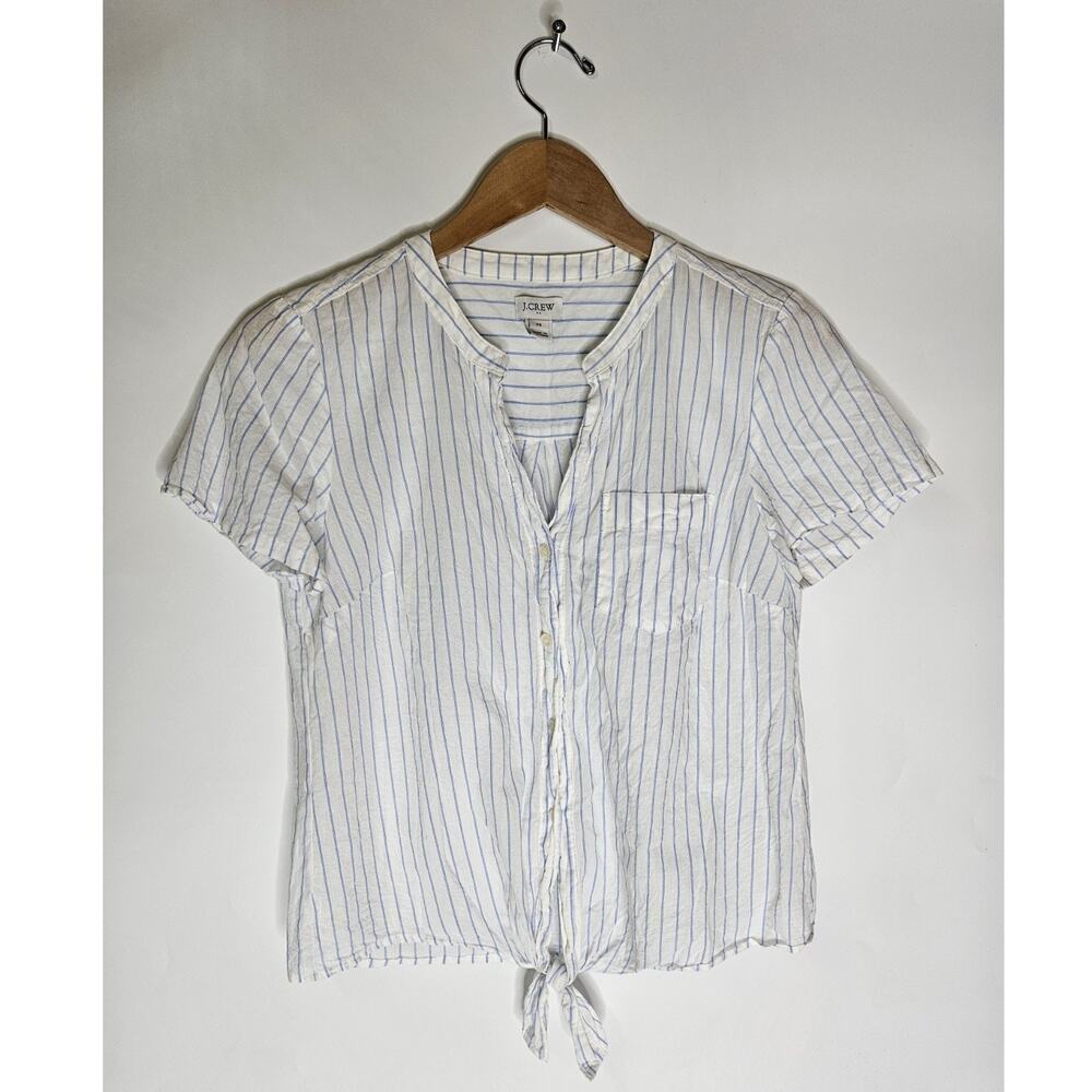 J Crew Mercantile Women's Short Sleeve V-Neck Blue Stripp Button Up Top Size XS